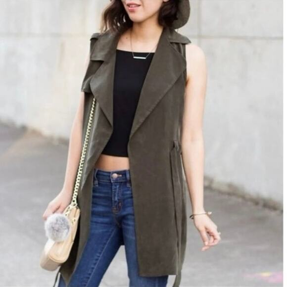 Anthropologie Elevenses Army Green Long Lin Cupro Collared Trench Vest - Picture 1 of 10